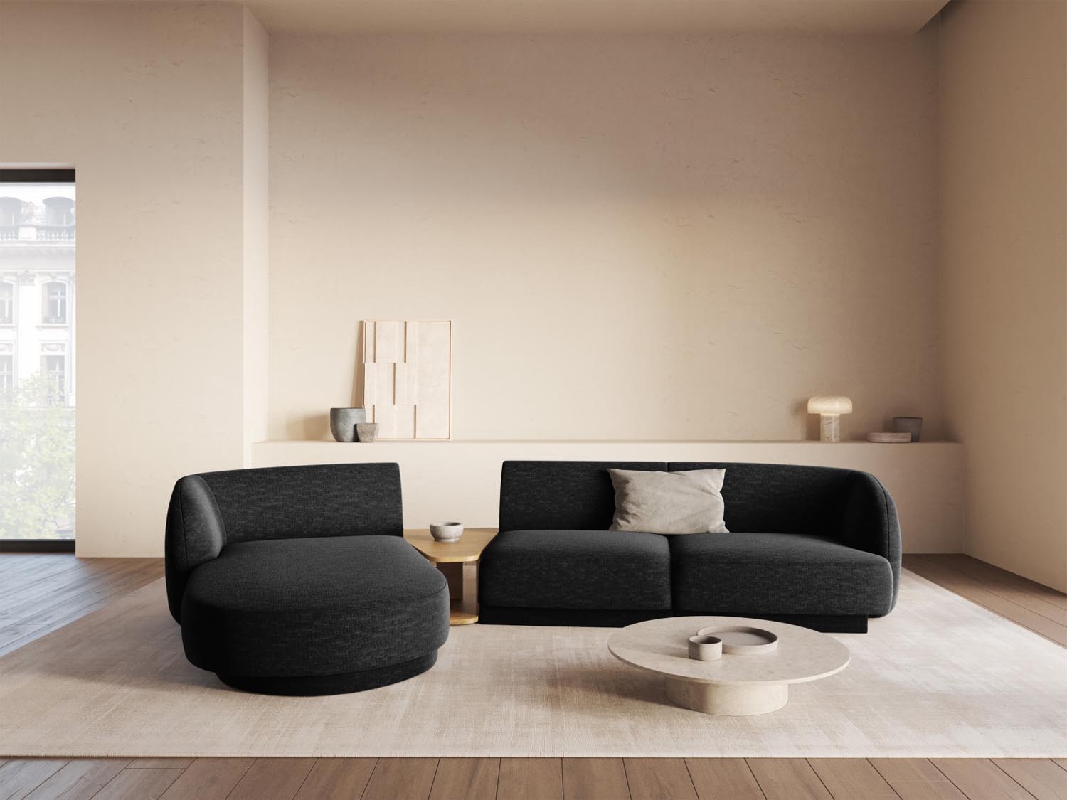Elegantes Miley Modulares Sofa links 3 Sitzer in stilvollem Schwarz, ideal für moderne Wohnräume, präsentiert von Micadoni.