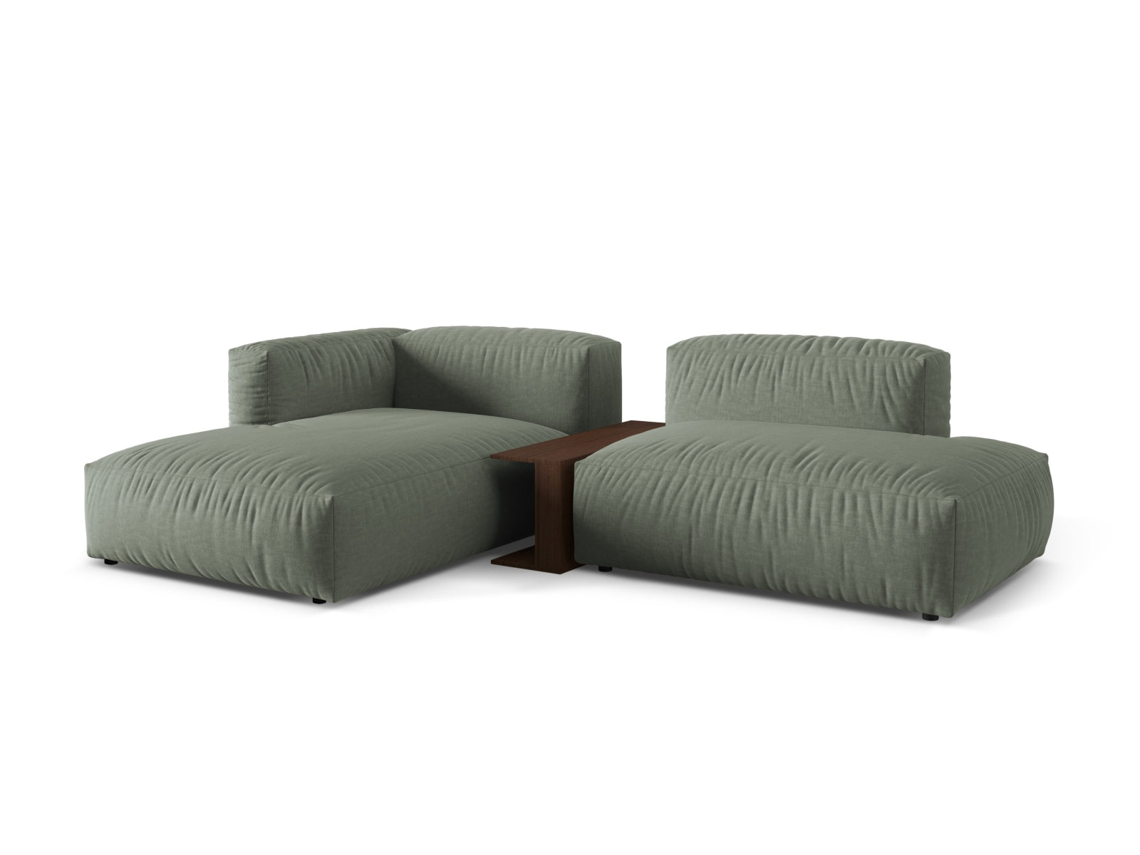 Elegantes Martina Ecksofa links mit 2 Sitzen und integriertem Beistelltisch in stilvollem Moss Green-Boston, ideal für moderne Wohnräume.