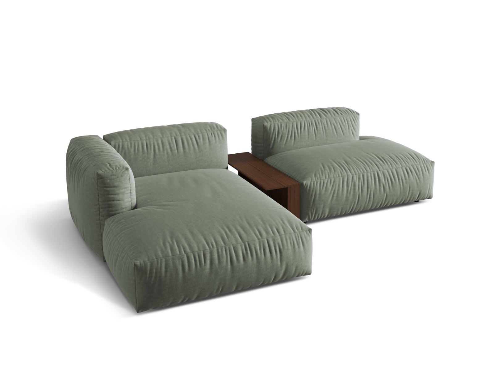Stylisches Martina L-Sofa links mit 2 Sitzen und praktischem Beistelltisch in edlem Moss Green-Boston, perfekt für zeitgemäße Inneneinrichtungen.