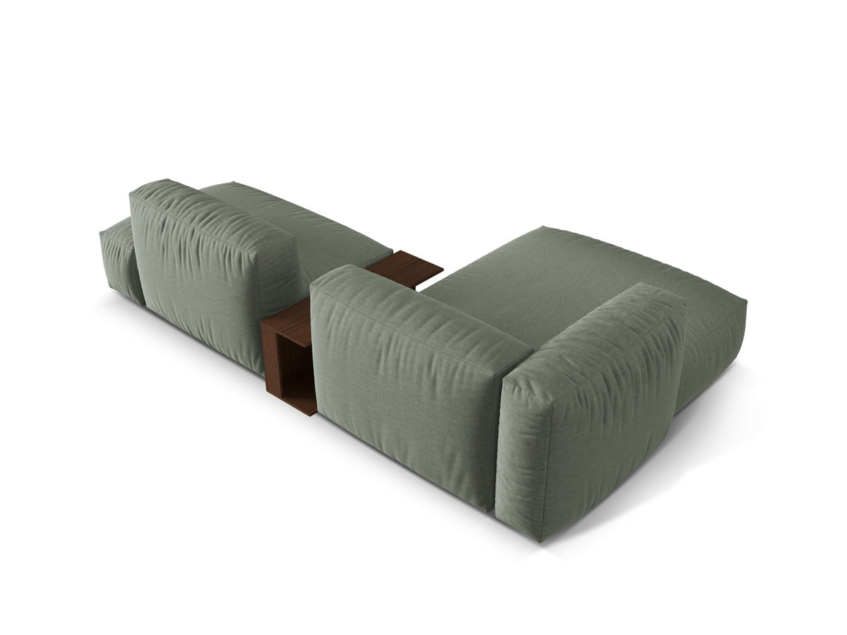 Elegantes Martina Ecksofa links mit 2 Sitzen und integriertem Beistelltisch in modernem Moss Green-Boston, ideal für stilvolle Wohnräume.