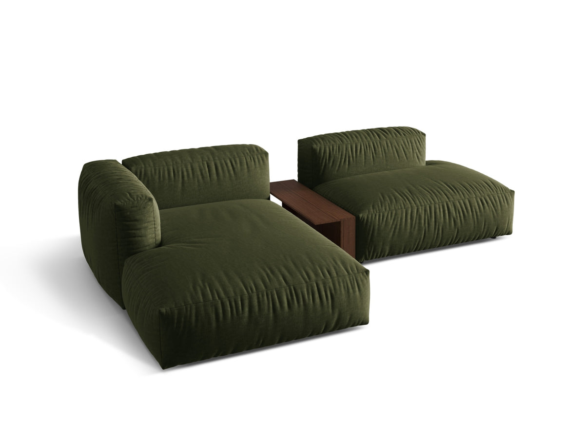 Stylisches Martina L-Sofa links mit 2 Sitzen und praktischem Beistelltisch in trendigem Green-Boston, perfekt für zeitgemäße Einrichtung.