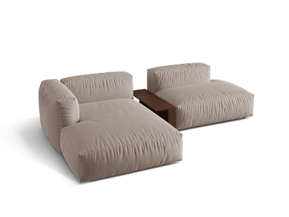 Stylisches Martina L-Sofa links mit 2 Sitzen und praktischem Beistelltisch in edlem Dunkelbeige, perfekt für zeitgemäße Wohnkonzepte.