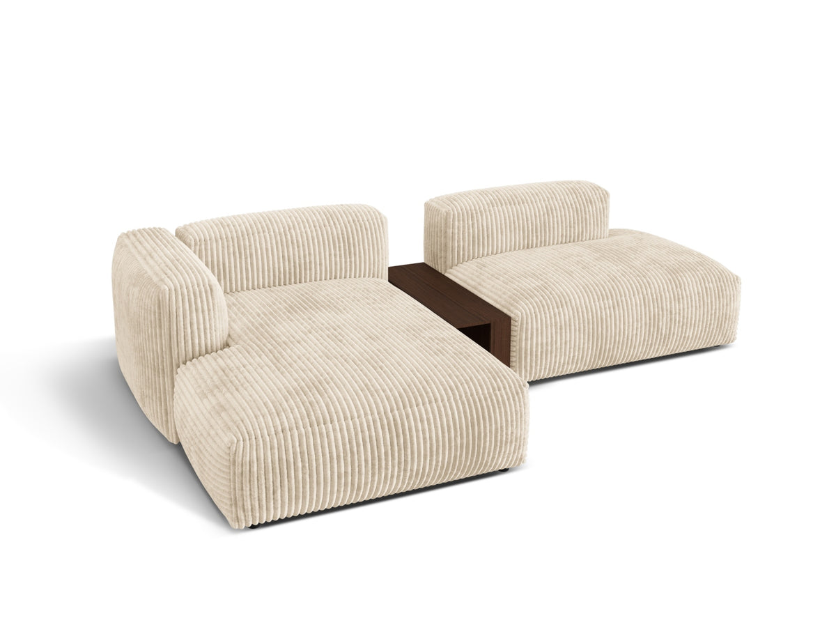 Modernes Martina L-Sofa links mit 2 Sitzen und praktischem Beistelltisch in zartem Beige, perfekt für gemütliche und stilvolle Wohnbereiche.