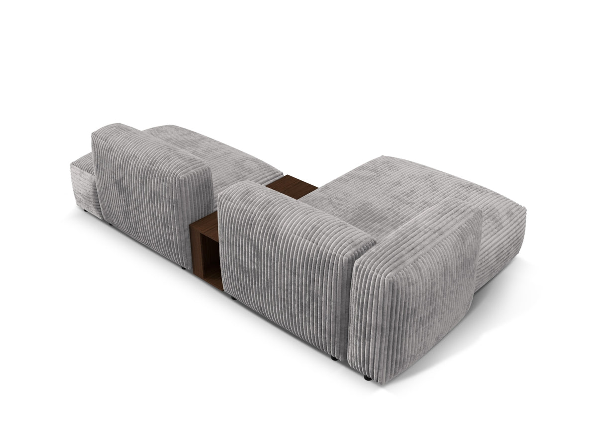 Modernes, graues L-Sofa Martina mit zwei Sitzen auf der linken Seite und integriertem Beistelltisch, perfekt für gemütliche Wohnzimmer.