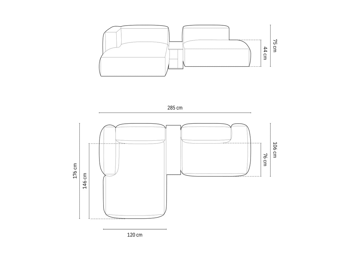 Elegantes Martina Ecksofa links mit zwei Sitzen und integriertem Beistelltisch, ideal für stilvolle und funktionale Wohnräume.