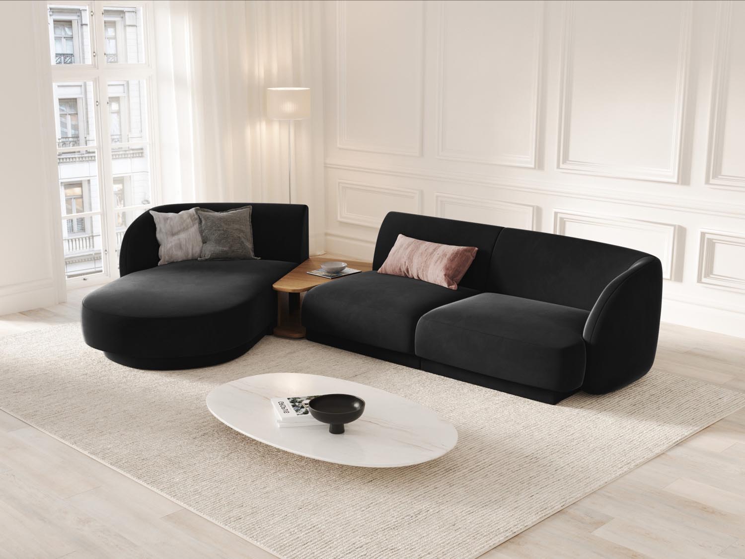 Elegantes Miley Velour modulares Sofa links, 3-Sitzer in stilvollem Design, ideal für moderne Wohnräume, präsentiert von Micadoni.