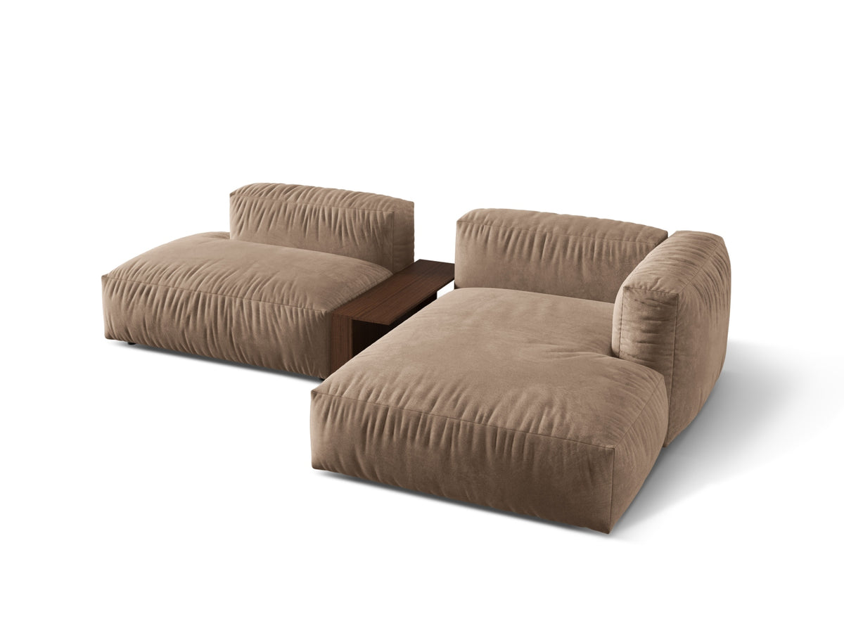 Stylisches Martina L-Sofa rechts, 2-Sitzer mit integriertem Beistelltisch, in edlem Dark Beige-Vogue für modernes Wohnen.