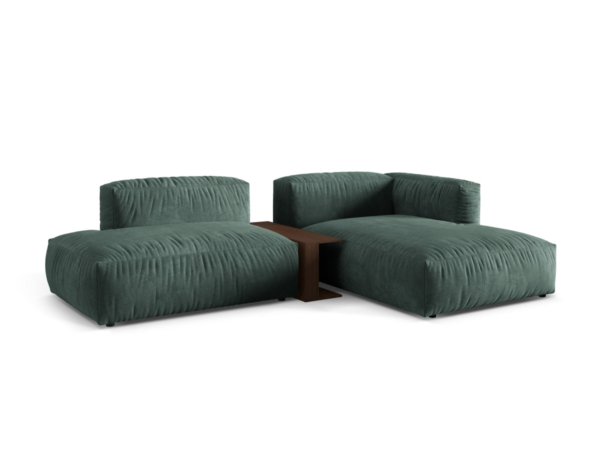 Elegantes, modulares Ecksofa in Petrol-Vogue mit praktischem Beistelltisch, ideal für stilvolle Wohnräume.