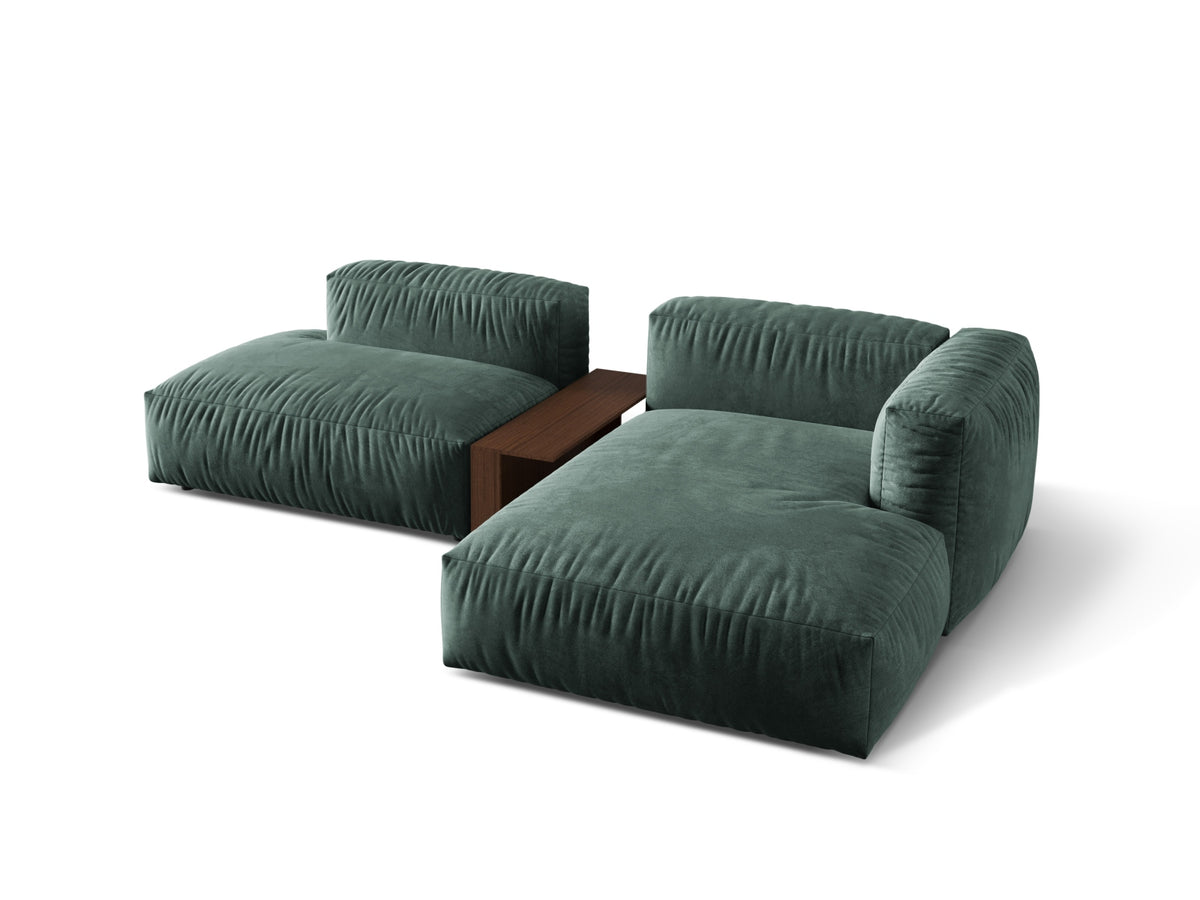Modernes, rechteckiges Ecksofa in Petrol mit zwei Sitzen und integriertem Beistelltisch, perfekt für gemütliche Wohnzimmer.
