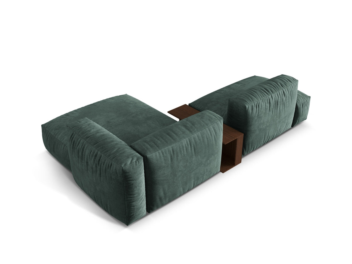 Elegantes, modulares Ecksofa in Petrol mit zwei Sitzplätzen und praktischem Beistelltisch, ideal für stilvolle Wohnräume.