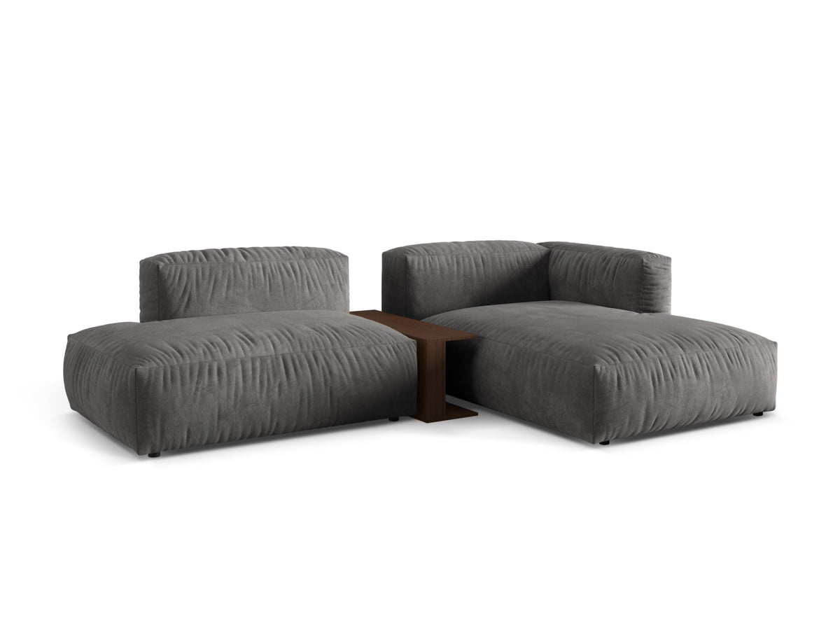 Elegantes, modulares Ecksofa Martina in zartem Grün, 2-Sitzer mit integriertem Beistelltisch, ideal für stilvolle Wohnräume.