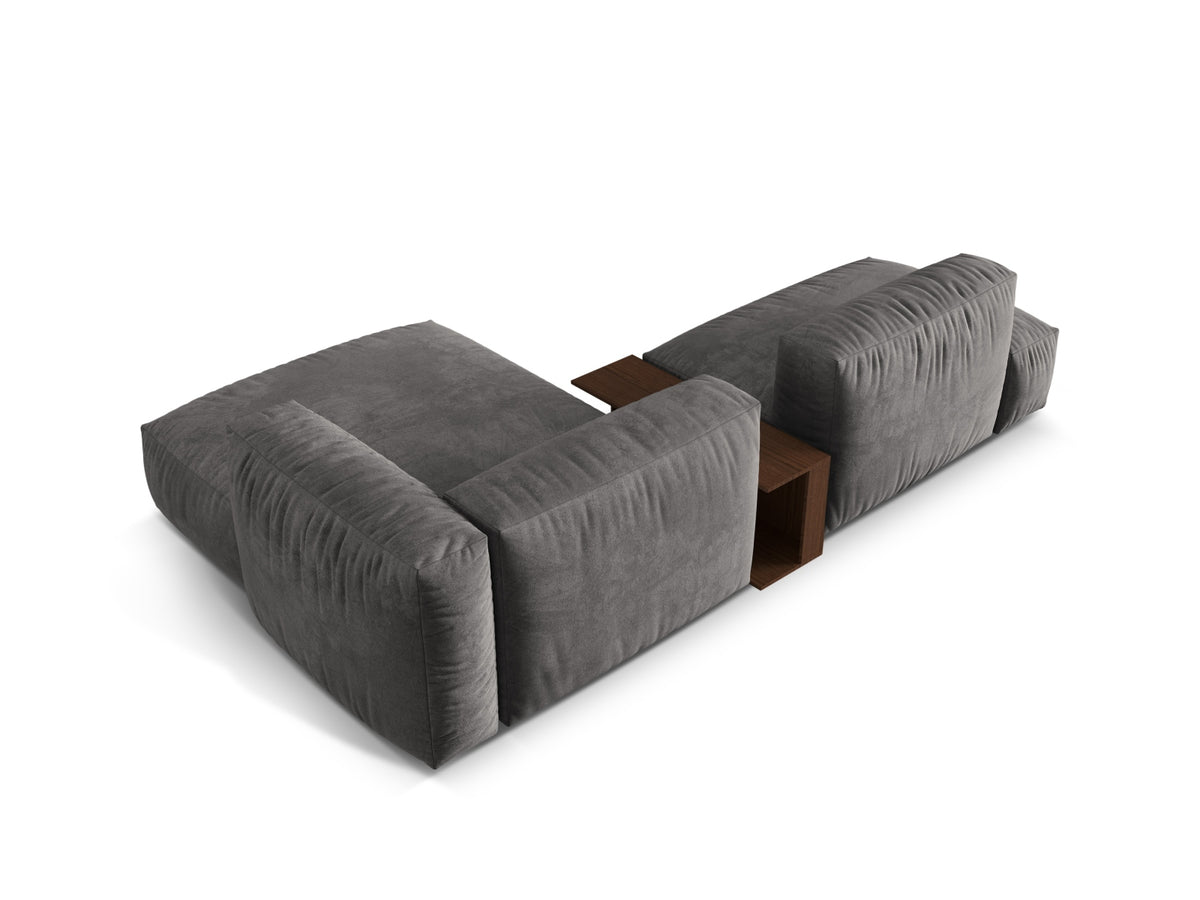 Elegantes, modulares Ecksofa Martina in zartem Grün, 2-Sitzer mit integriertem Beistelltisch, ideal für stilvolle Wohnräume.