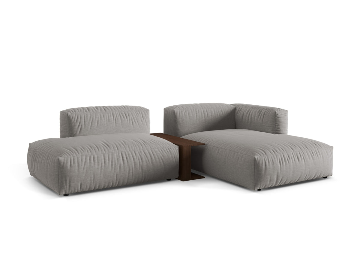 Modulares Ecksofa Martina in Hellgrau, 2-Sitzer mit praktischem Beistelltisch, ideal für moderne Wohnkonzepte und gemütliche Abende.