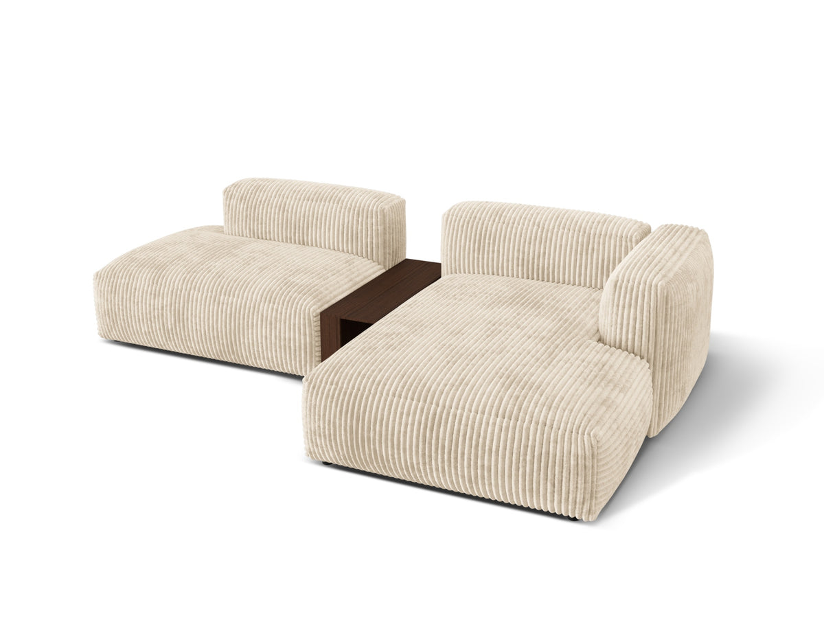 Modernes Martina Ecksofa in hellem Beige, rechtsseitig, inklusive praktischem Beistelltisch – perfekt für gemütliche Wohnzimmer.