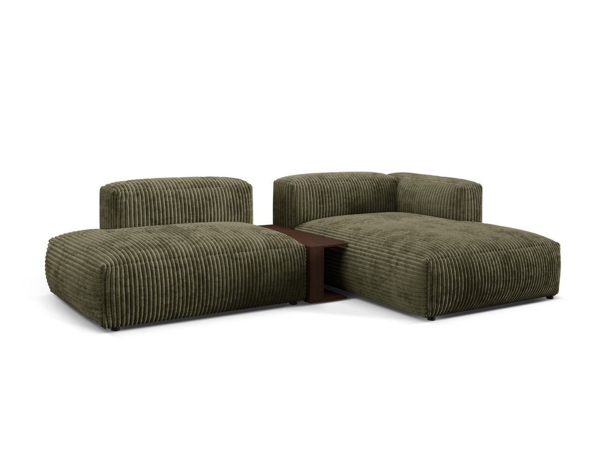 Elegantes Martina Ecksofa in Moss Green-Tilia, 2-Sitzer mit praktischem Beistelltisch, ideal für stilvolle Wohnräume.
