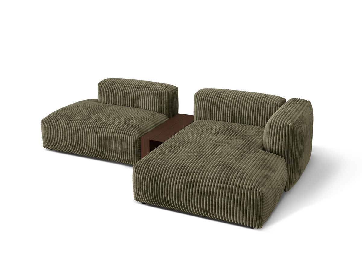 Modernes Martina Ecksofa in Moss Green-Tilia, 2-Sitzer mit integriertem Beistelltisch, perfekt für gemütliche und stilvolle Wohnbereiche.
