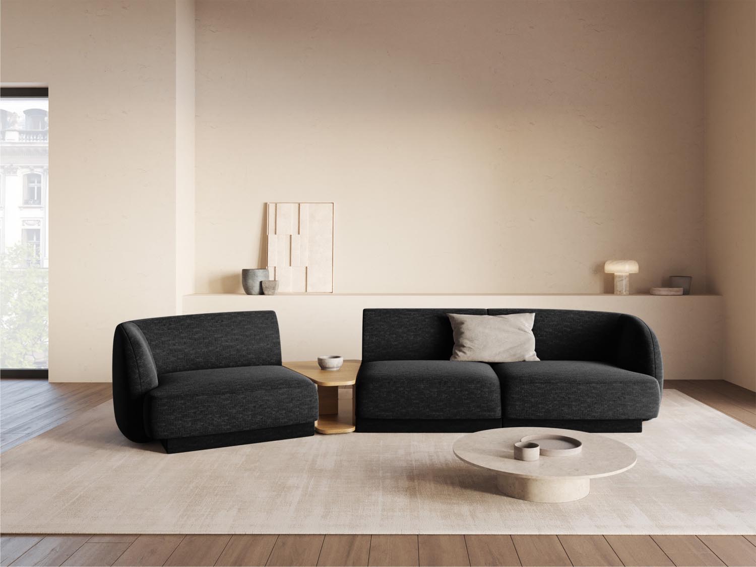 Modernes Miley 3-Sitzer L-Sofa in Anthrazit, perfekt für zeitgemäße Wohnkonzepte. Flexibles, modulares Design für persönliche Gestaltung und Komfort.