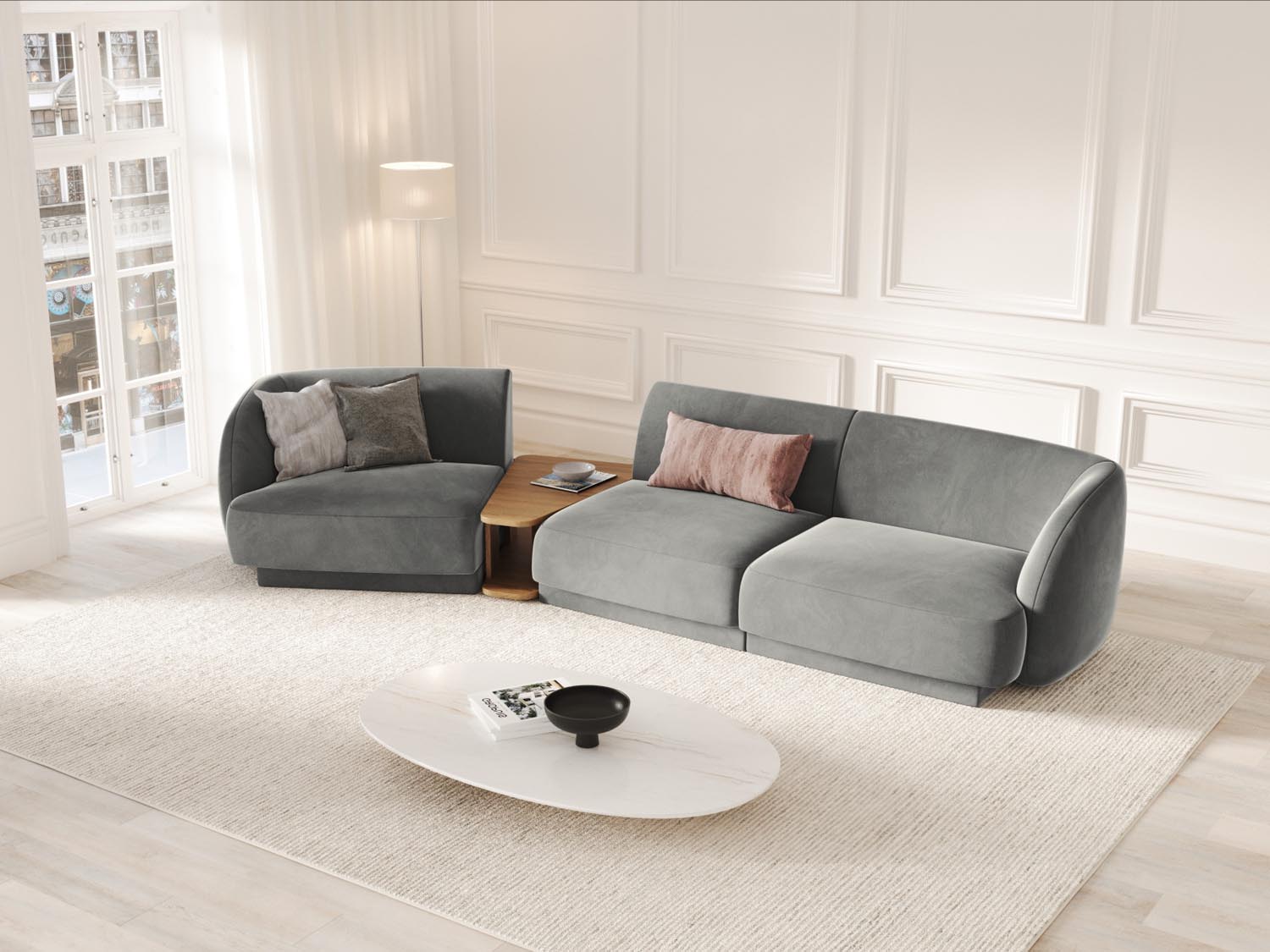 Modulares 3-Sitzer Sofa Miley Velour in sanftem Hellgrau, perfekt für moderne Wohnkonzepte und vielseitige Raumgestaltungen von Micadoni.
