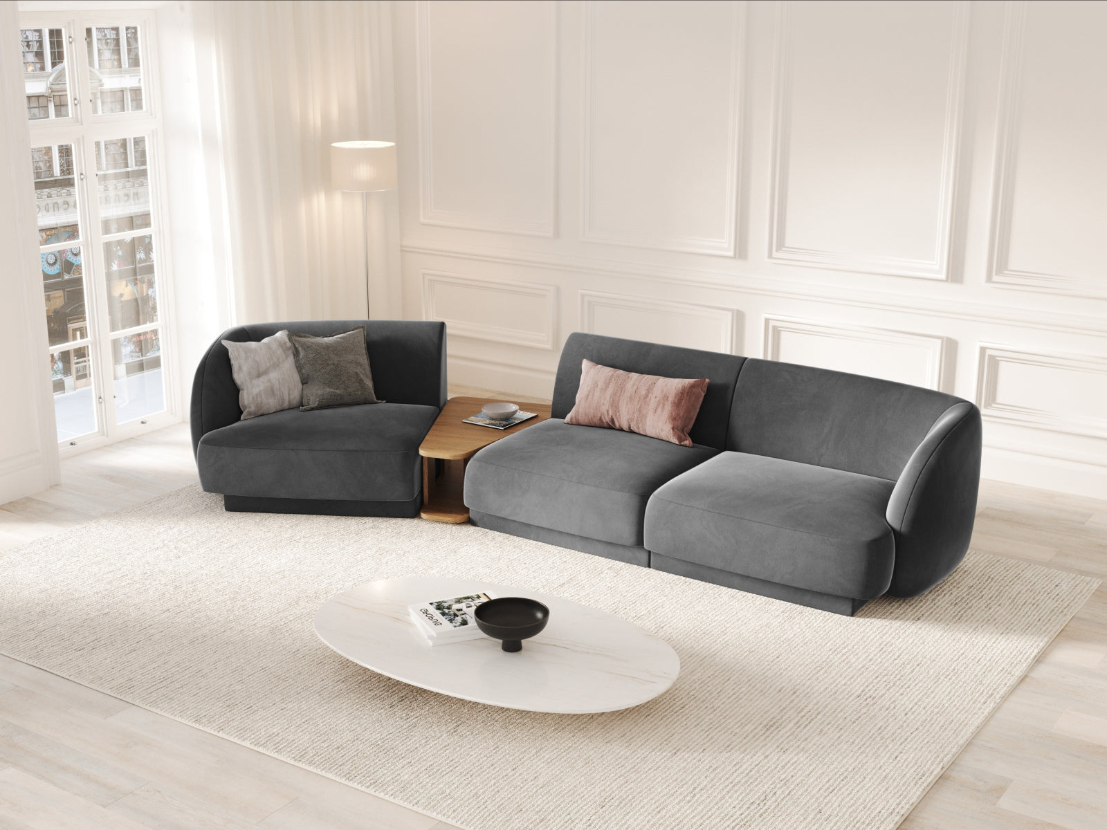 Entdecken Sie das stilvolle Miley Velour 3-Sitzer Sofa von Micadoni. Modular, komfortabel und elegant – ideal für Ihr modernes Zuhause.