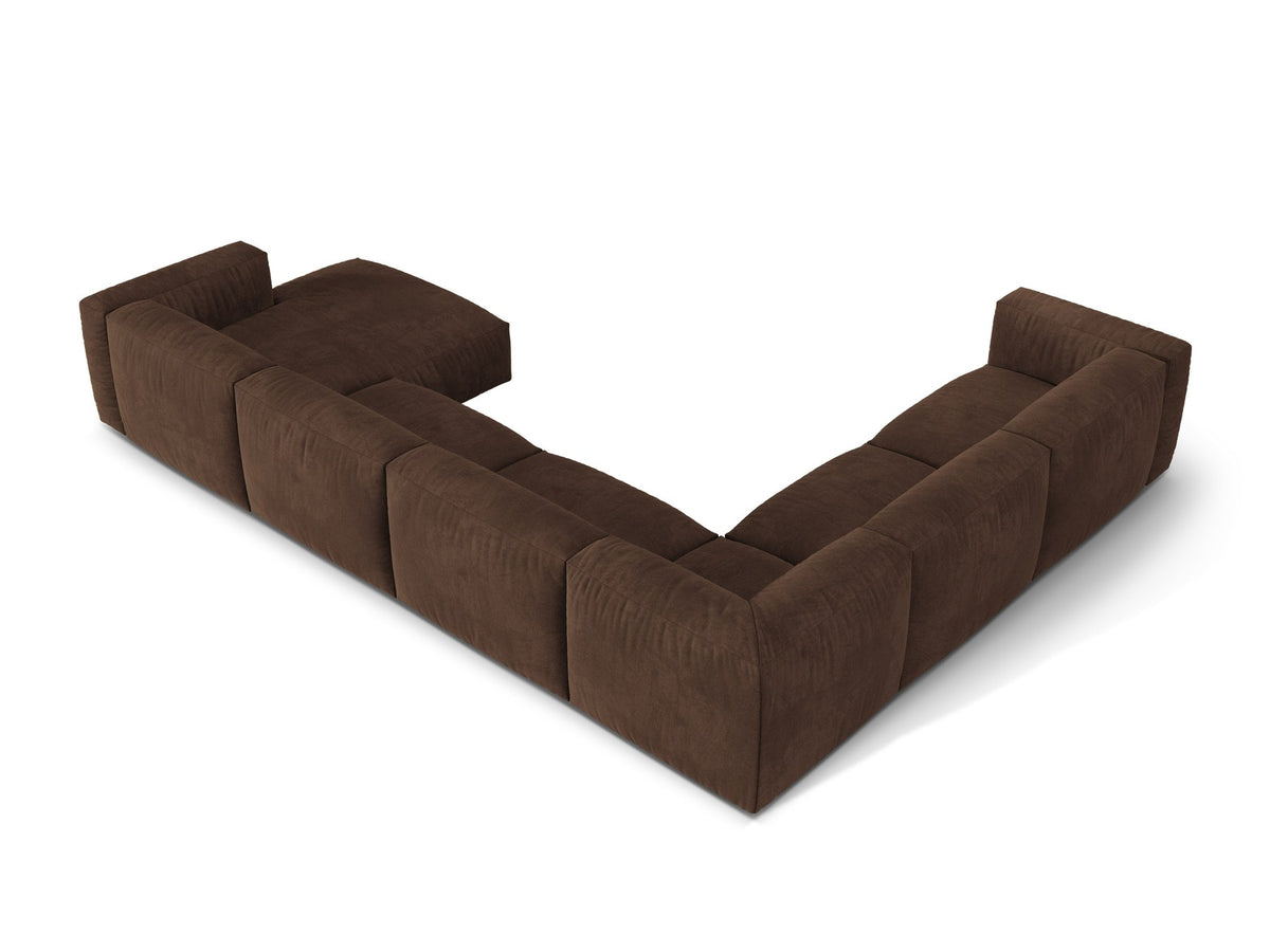 Modulares Ecksofa links Martina XL von Micadoni in schokoladenfarbenem Veloursstoff mit Kunststoffbeinen und grosszügiger Sitzfläche.