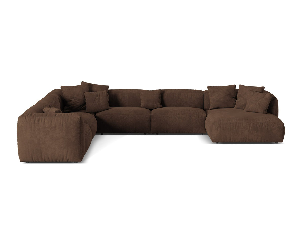 Modulares Ecksofa links von Micadoni in Schokoladenbraun mit Veloursstoff-Bezug, Kunststoffbeinen und grosszügiger Sitzfläche.
