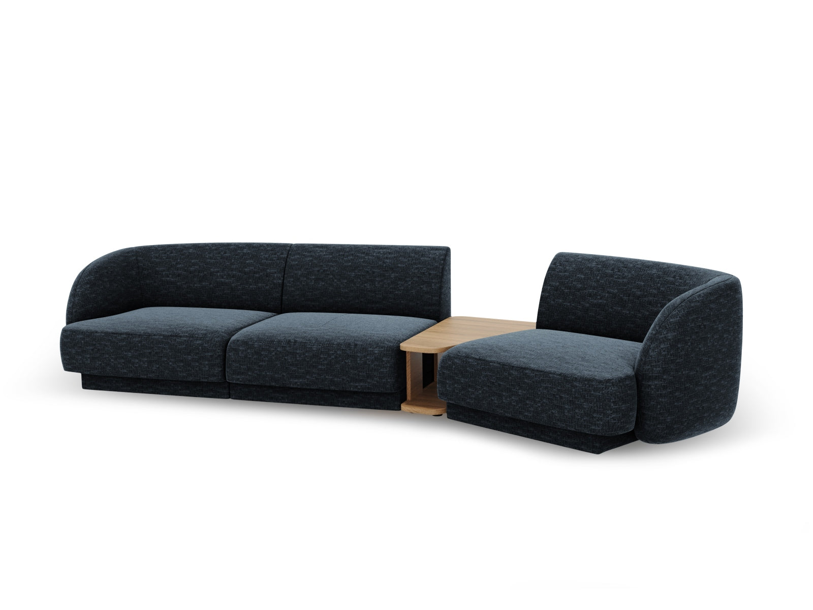 Modernes, tiefblaues 3-Sitzer Sofa mit modularer Bauweise, perfekt für kreative Raumgestaltungen und komfortable Entspannung.