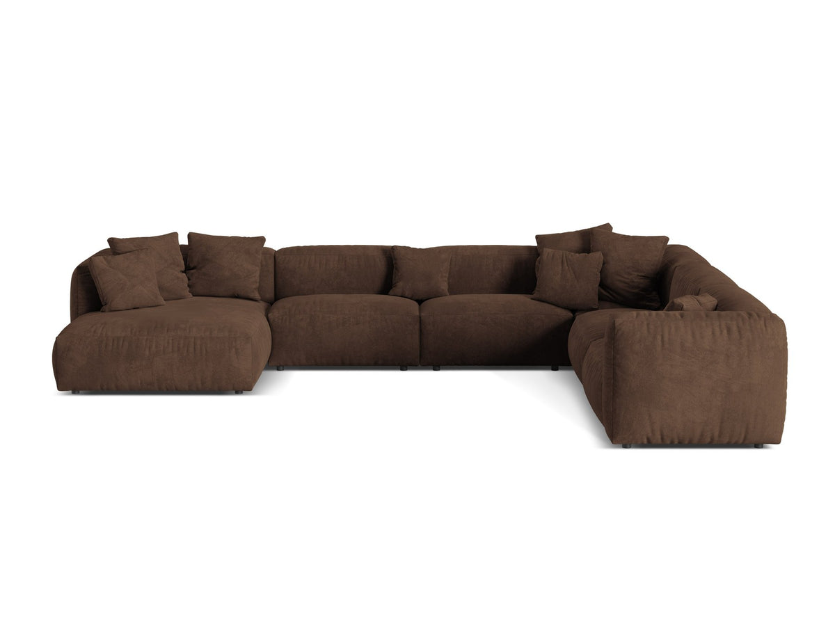 Modulares Ecksofa rechts Martina XL von Micadoni in Schokolade mit Veloursstoff-Bezug und Beinen aus Polypropylen, Frontalansicht.