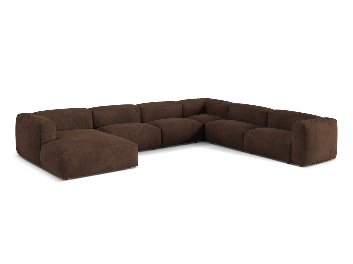 Modulares Ecksofa rechts Martina XL von Micadoni in Schokolade mit Veloursstoff-Bezug und Beinen aus Polypropylen, Frontalansicht.