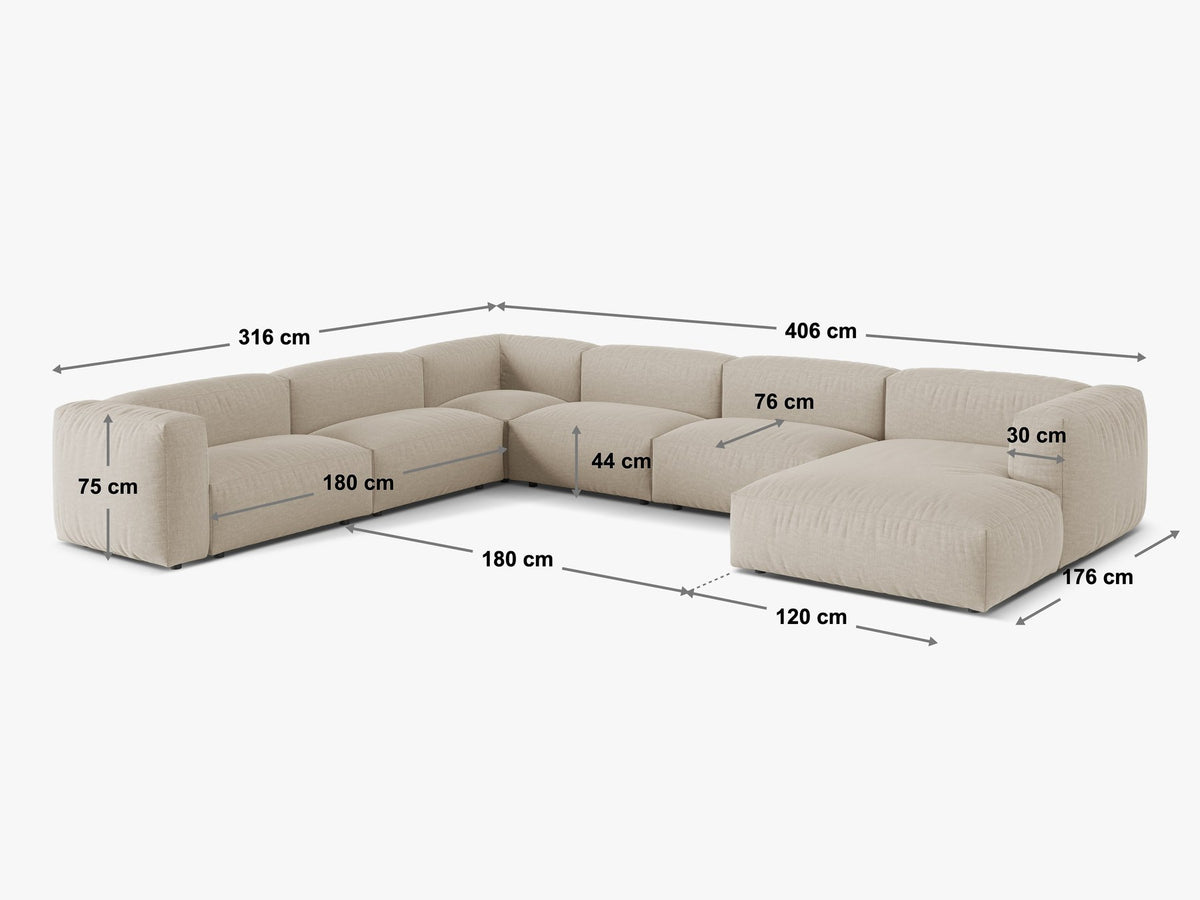 Modulares Ecksofa rechts Martina XL von Micadoni in Schokolade mit Veloursstoff-Bezug und Beinen aus Polypropylen, Frontalansicht.