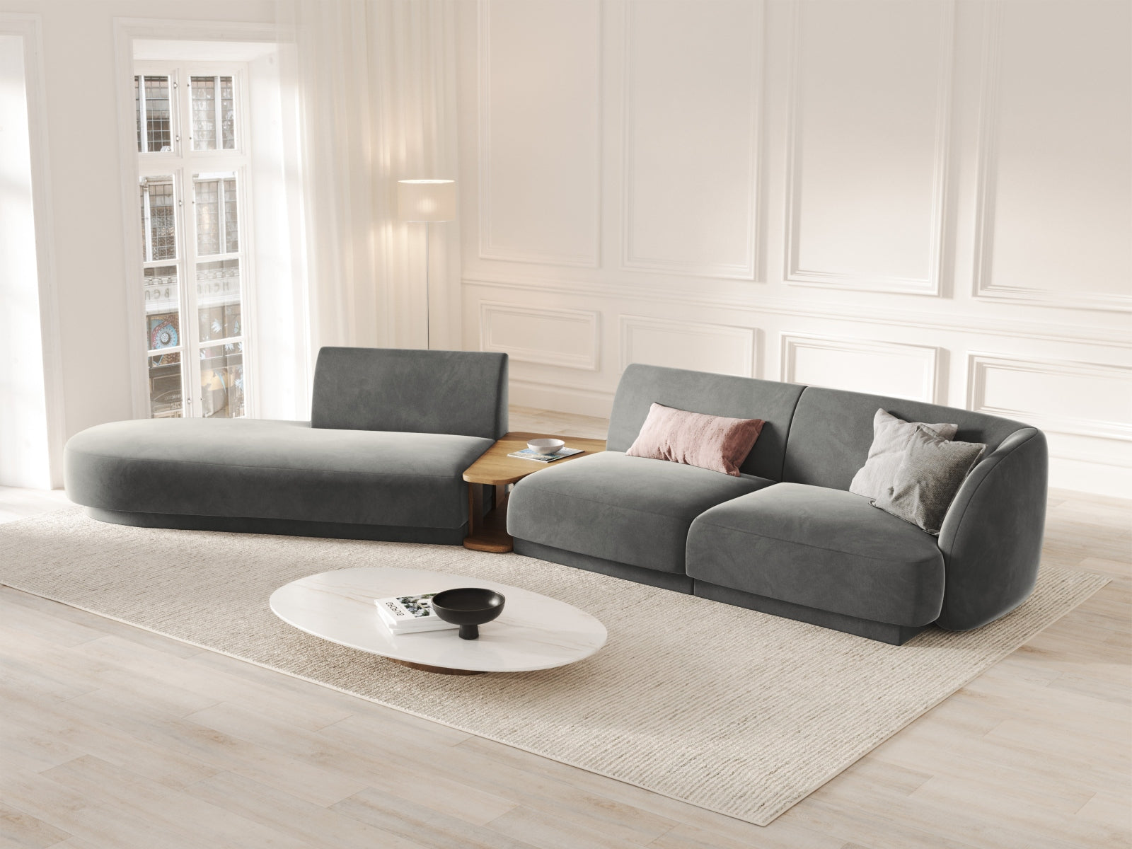 Entdecken Sie das stilvolle Miley Velour Sofa links 4 Sitzer von Micadoni – modular, elegant und perfekt für Ihr modernes Wohnzimmer.
