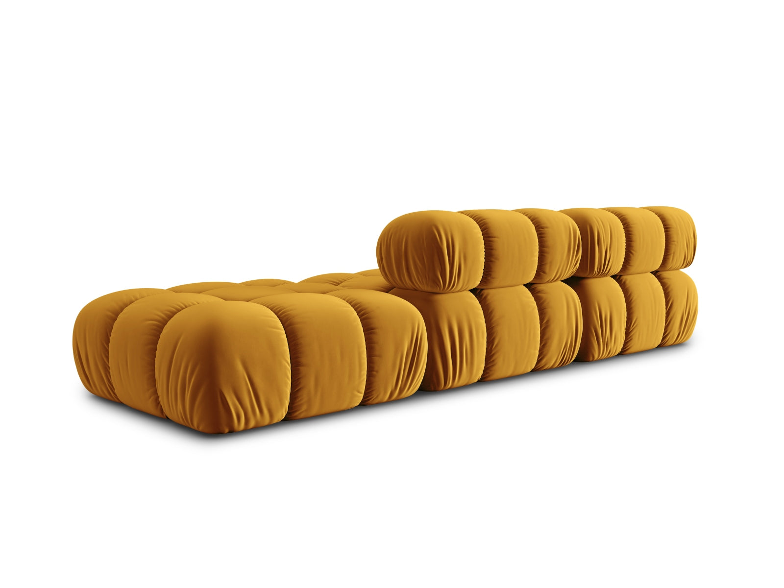 Modulares Bellis Velour Sofa in Gelb-Blau, 4-Sitzer, rechte L-Form, perfekt für moderne Wohnkonzepte, hergestellt von Micadoni.