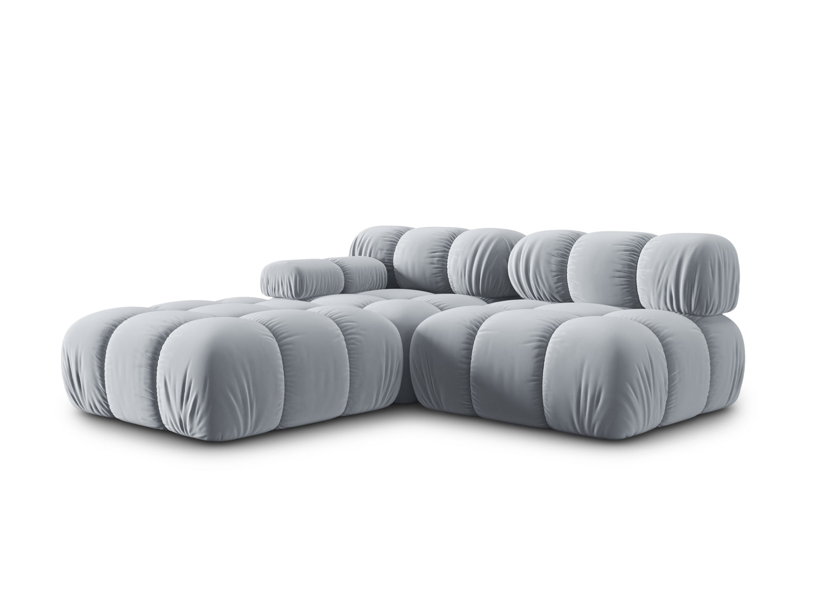 Elegantes Bellis Velour Sofa in sanftem Hellblau, 4-Sitzer mit rechter Armlehne, ideal für stilvolle und flexible Wohnräume.