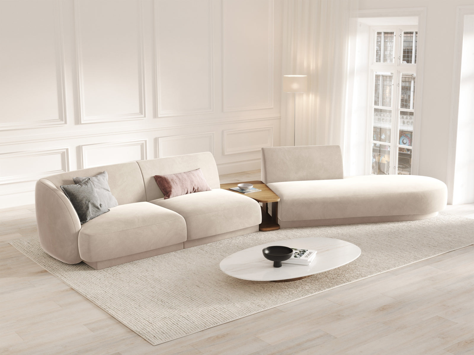 Entdecken Sie das stilvolle Miley Velour Sofa rechts 4 Sitzer von Micadoni – ein elegantes, modulares Möbelstück für Ihr modernes Zuhause.