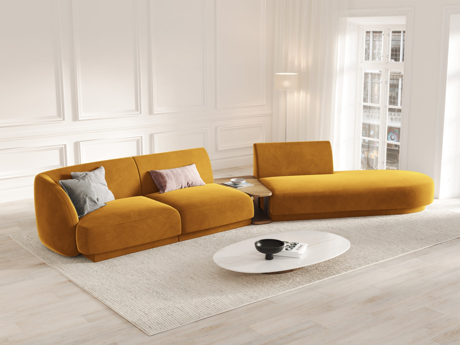 Entdecken Sie das stilvolle Miley Velour Sofa von Micadoni – ein elegantes, modulares 4-Sitzer L-Sofa, das Komfort und Design vereint.