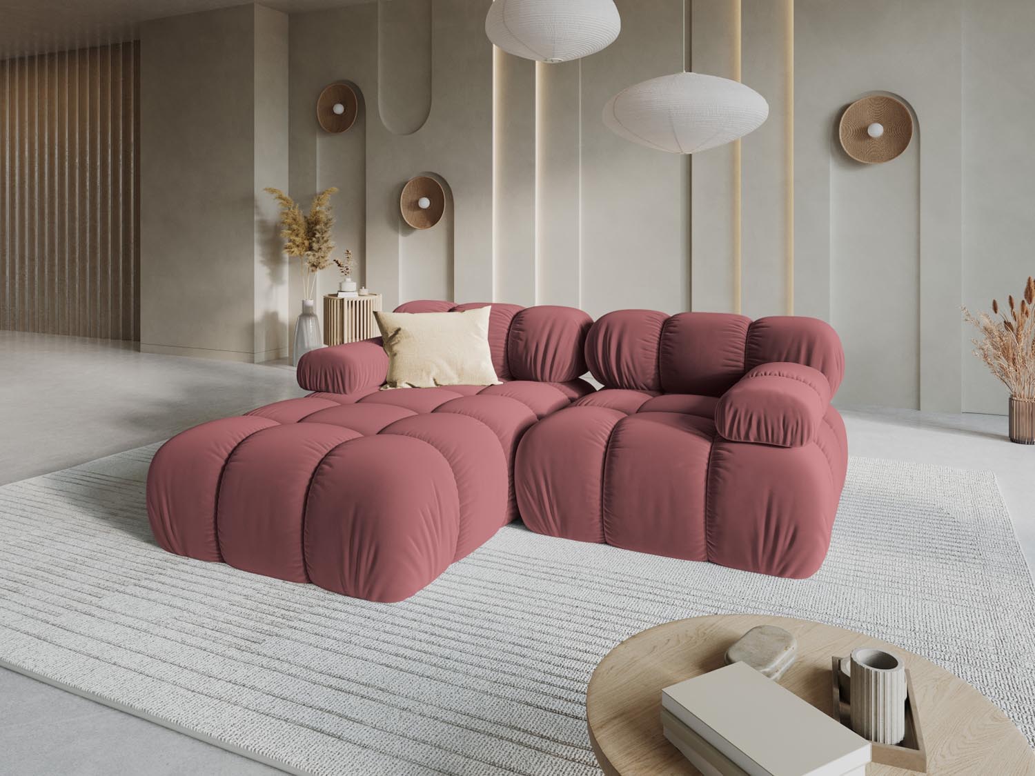 Stylisches Bellis Velour Ecksofa in Pink-Bluvel, 3-Sitzer, linksseitig, ideal für moderne Wohnräume, präsentiert von KAQTU Design AG.