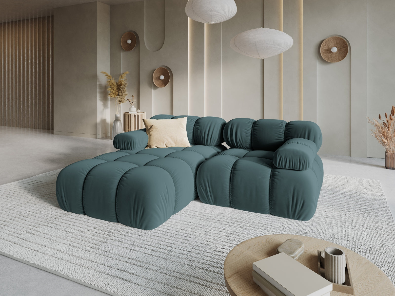 Entdecken Sie das Bellis Velour Ecksofa links – ein elegantes 3-Sitzer Sofa mit 155 cm Breite, das Stil und Komfort in Ihr Wohnzimmer bringt.