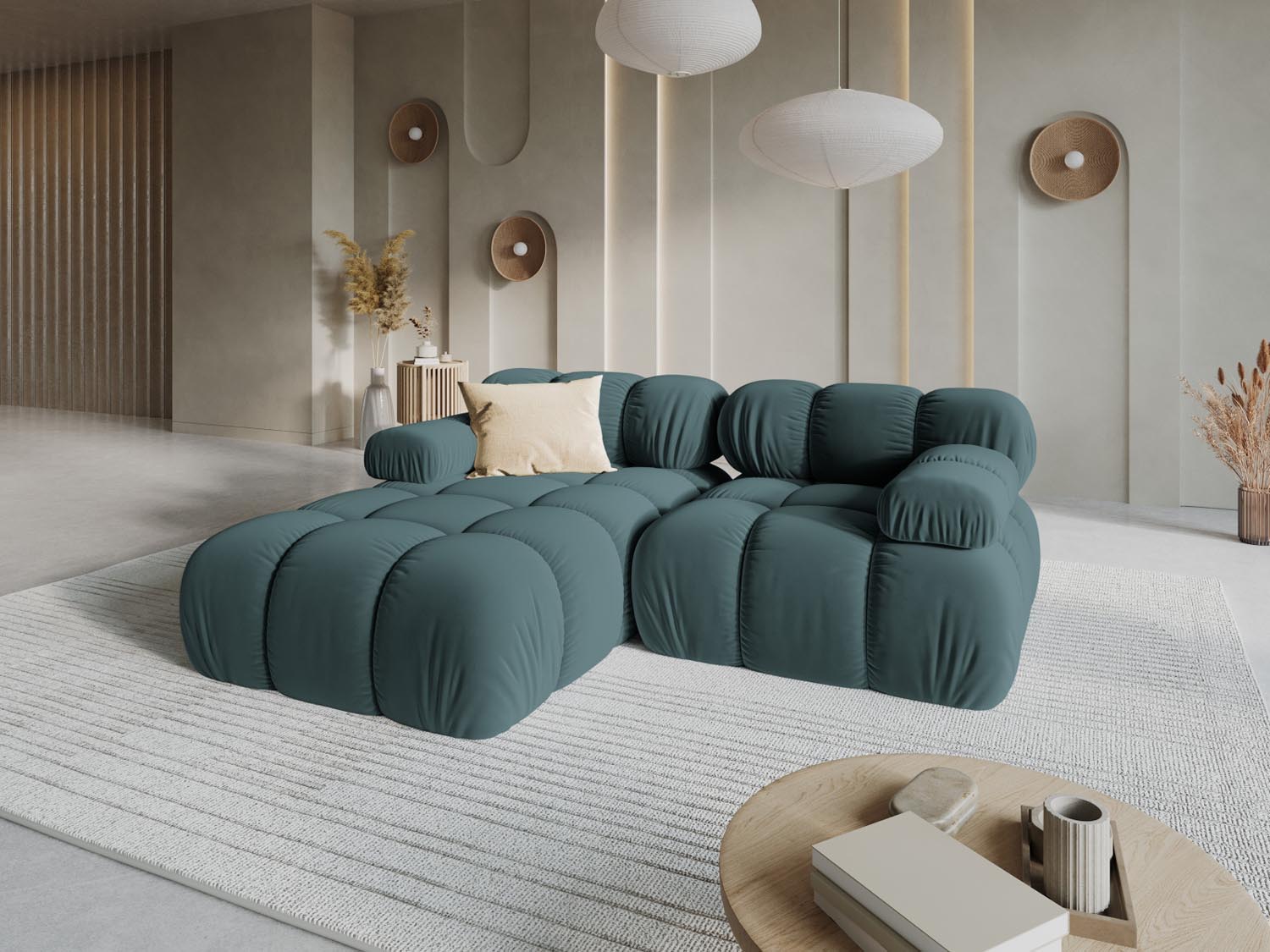 Elegantes Bellis Velour Ecksofa in Türkis, 3-Sitzer, modulare Bauweise, ideal für stilvolle Wohnräume, präsentiert von Micadoni.