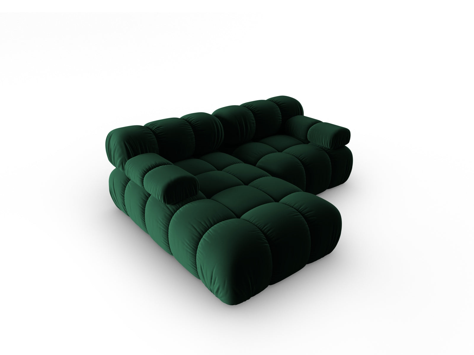 Elegantes Bellis Velour Ecksofa in tiefem Flaschengrün, 3-Sitzer, linksseitig, ideal für stilvolle und einladende Wohnräume.