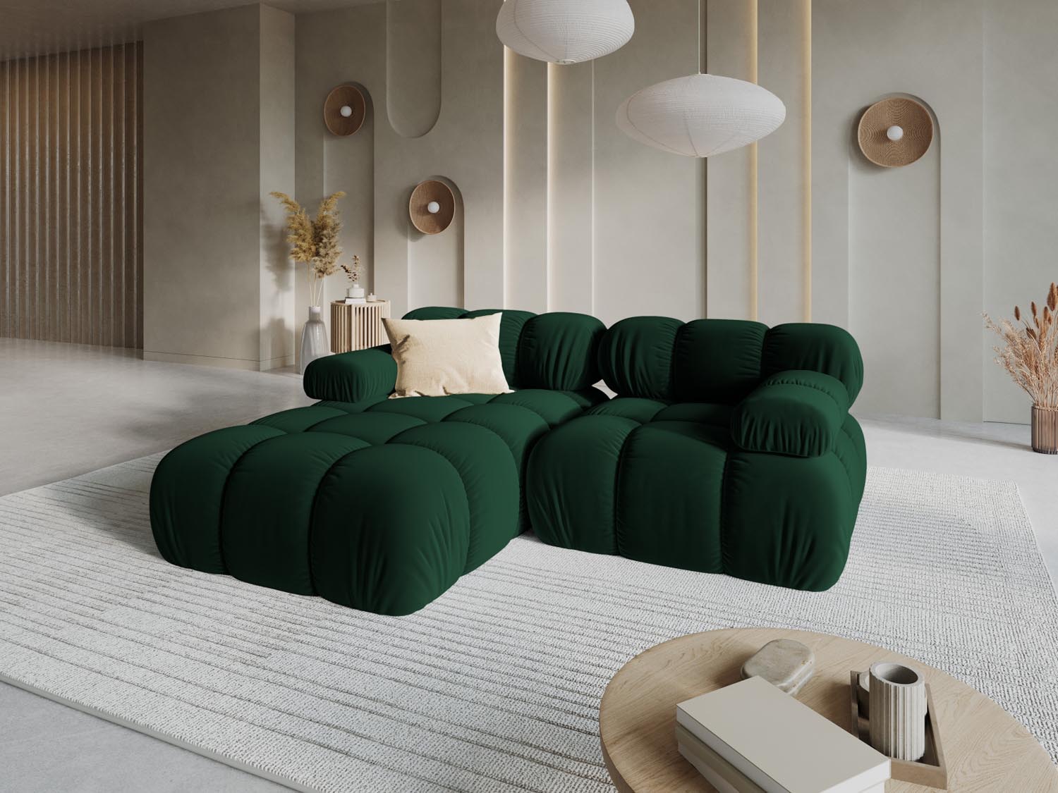 Elegantes Bellis Velour Ecksofa in Bottle Green-Bluvel, 3-Sitzer, linksseitig, ideal für stilvolle Wohnräume.
