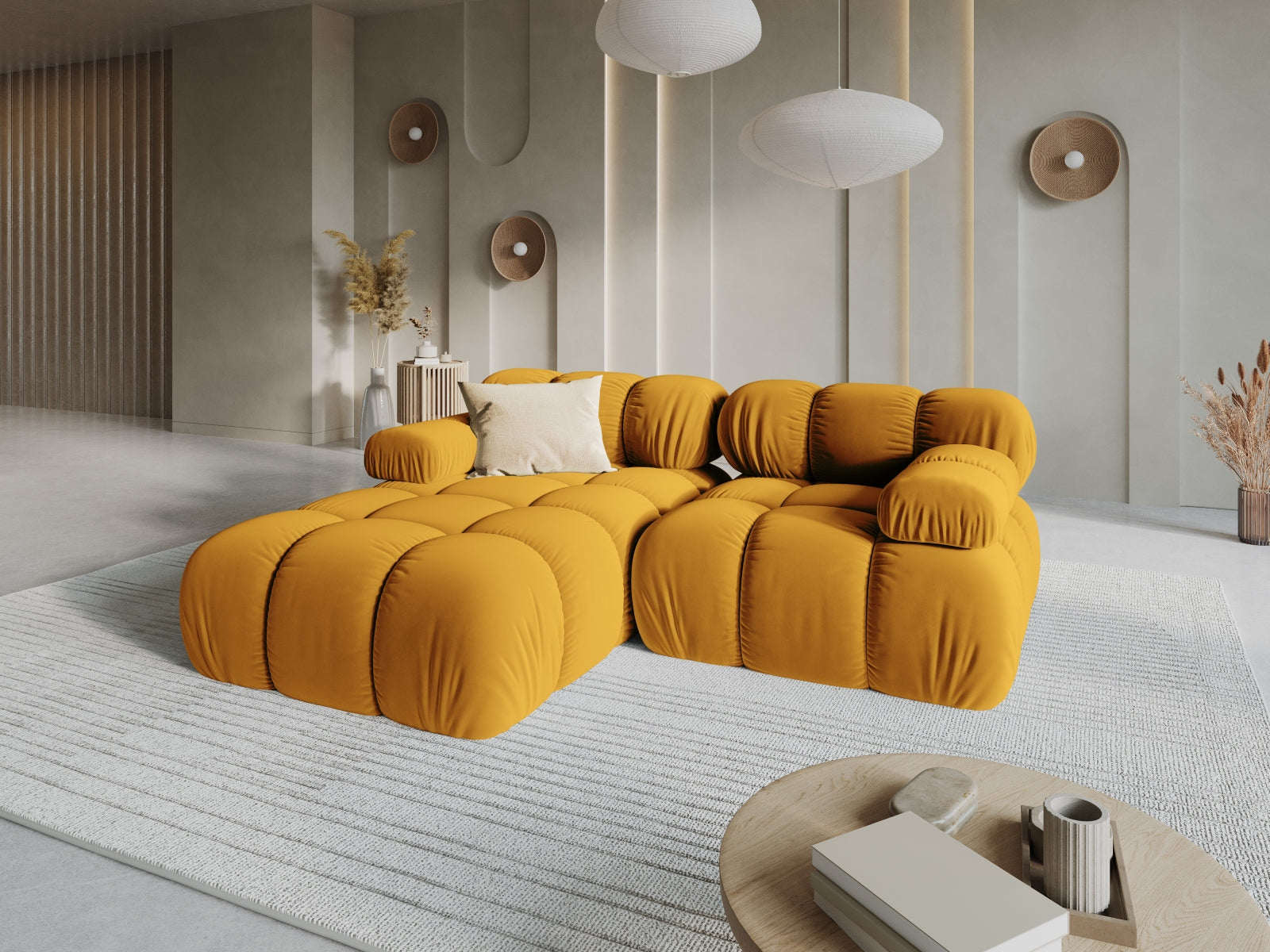 Entdecken Sie das Bellis Velour Ecksofa links – ein elegantes 3-Sitzer Sofa mit 155 cm Breite, das Stil und Komfort in Ihr Wohnzimmer bringt.
