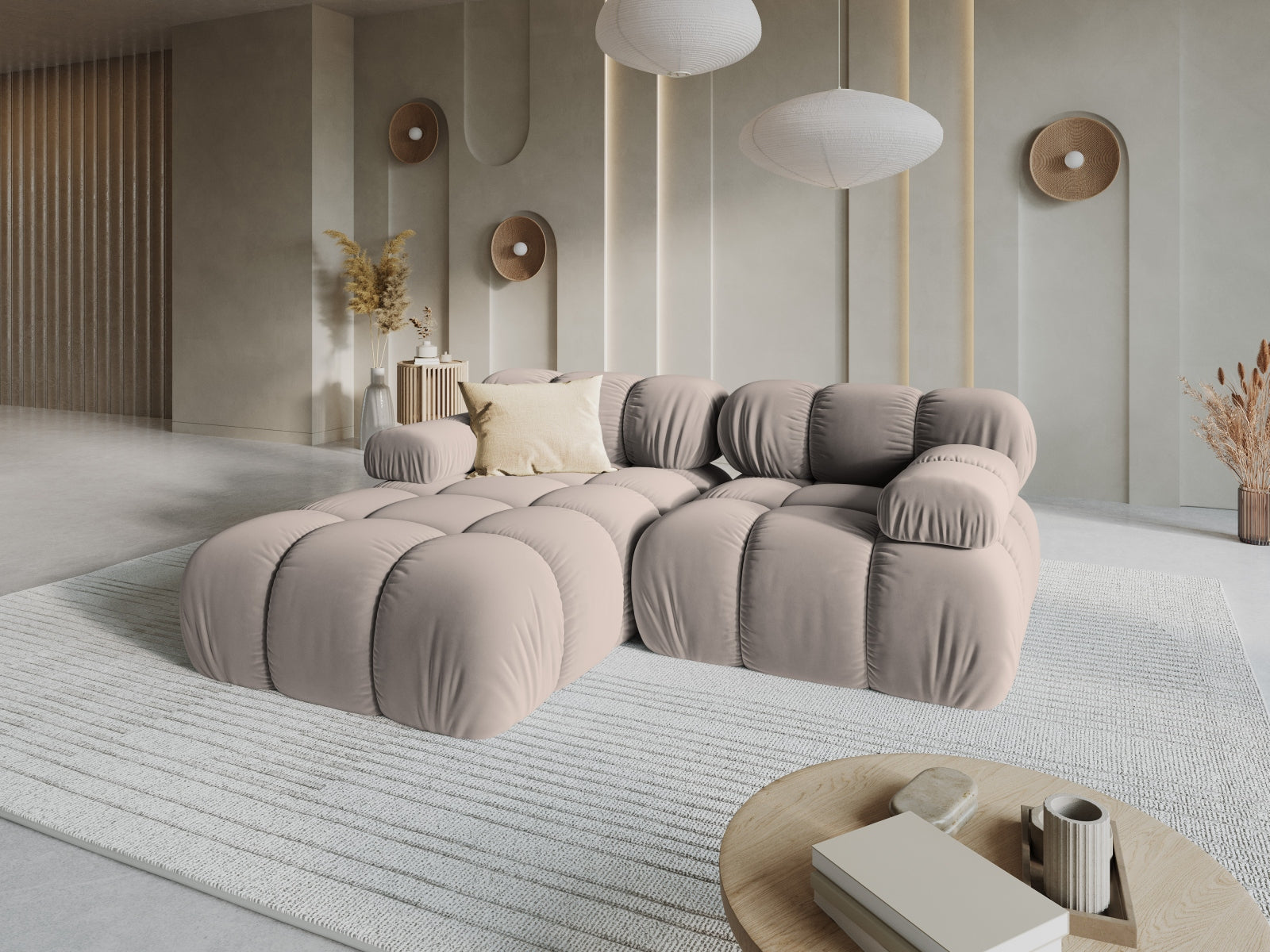 Entdecken Sie das elegante Bellis Velour Ecksofa links – 3-Sitzer mit 155 cm Breite. Luxuriöser Velourstoff, modulare Flexibilität und hoher Komfort für Ihr Wohnzimmer.