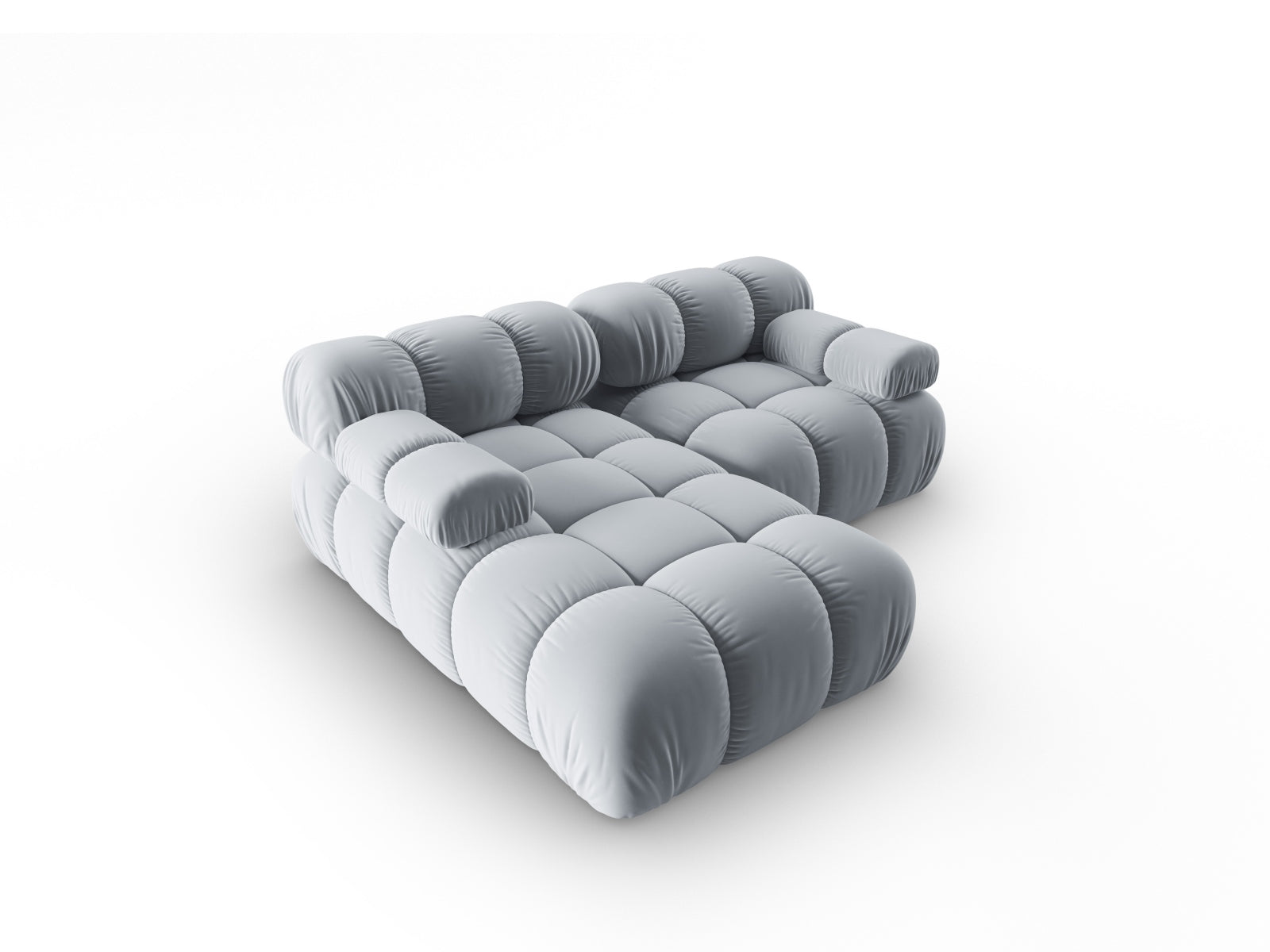 Elegantes, modulares Ecksofa Bellis in zartem Hellblau, linksseitig, 3-Sitzer, ideal für stilvolle und gemütliche Wohnräume.