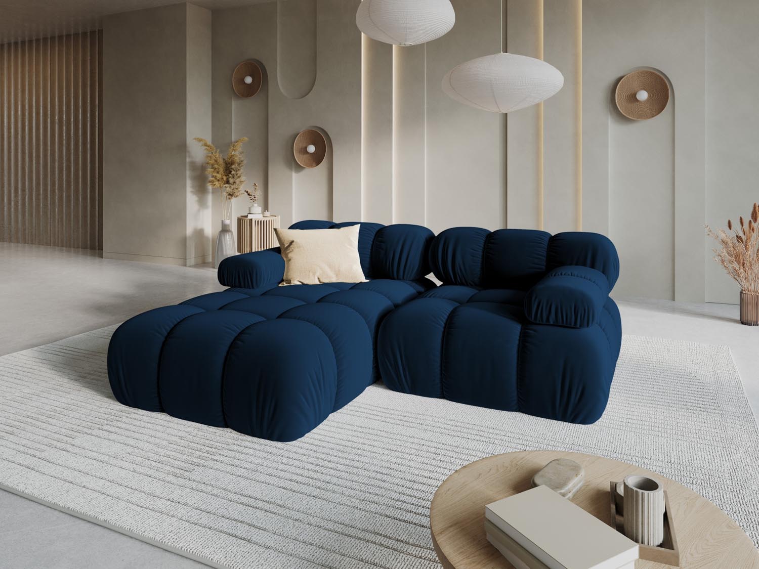 Elegantes Bellis Velour Ecksofa in Royal Blue, 3-Sitzer, linksseitig, ideal für stilvolle Wohnräume, präsentiert von Micadoni.