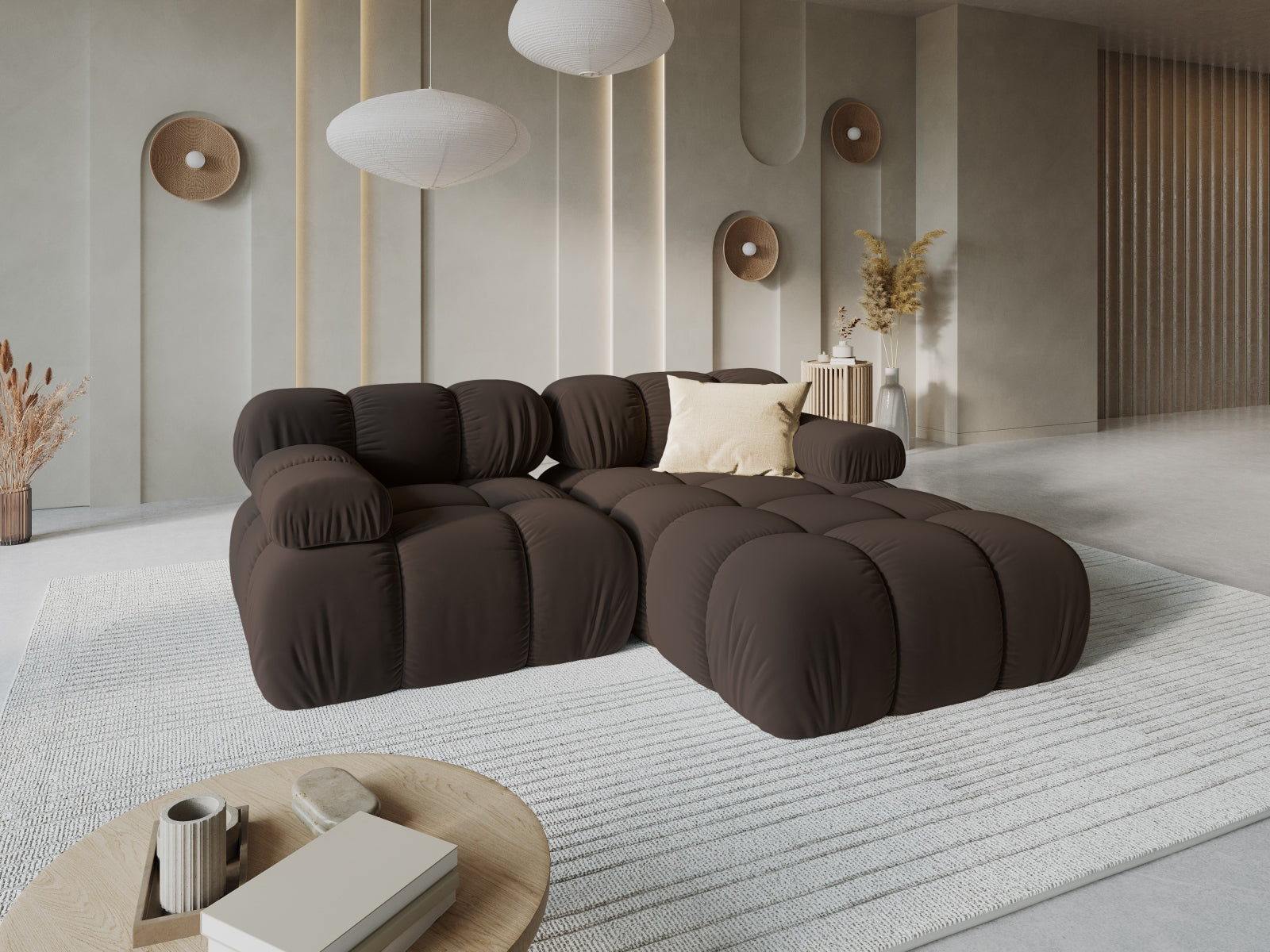 Entdecken Sie das elegante Bellis Velour Ecksofa rechts 3-Sitzer von Micadoni. Luxuriöser Velourstoff, modulare Gestaltung und hoher Komfort für Ihr Wohnzimmer.