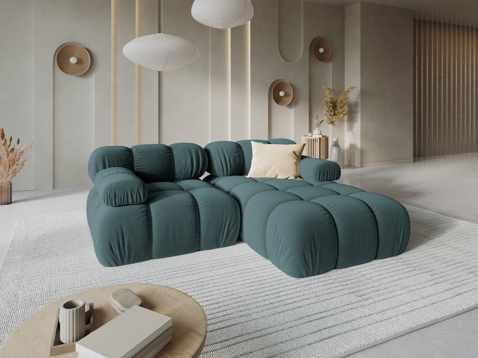 Entdecken Sie das elegante Bellis Velour Ecksofa rechts 3-Sitzer von Micadoni. Luxuriöser Velourstoff, modulare Gestaltung und hoher Komfort für Ihr Wohnzimmer.