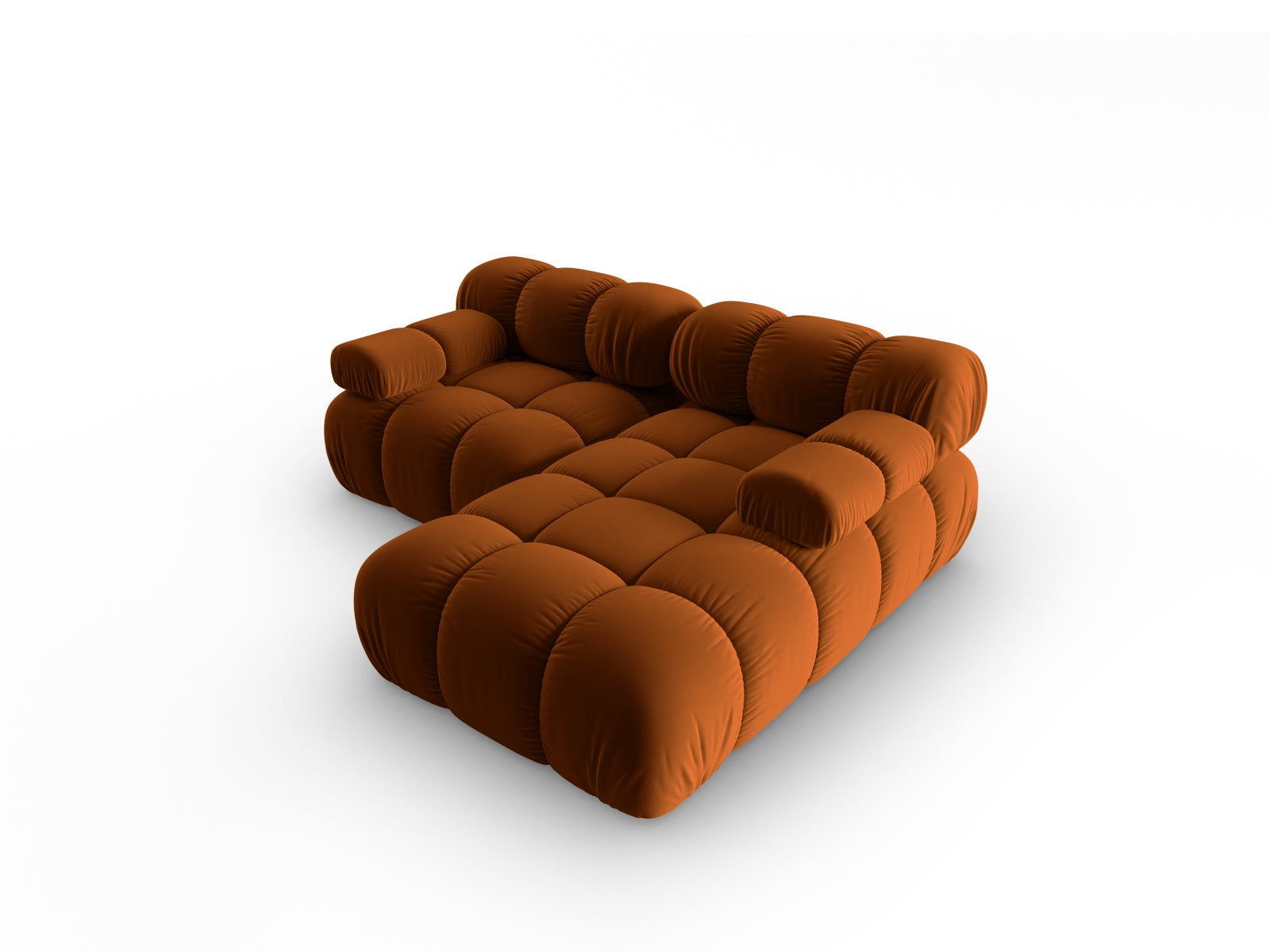 Elegantes, modulares Ecksofa Bellis in Velours, rechte Ausführung, 3-Sitzer in stilvollem Terracotta, ideal für gemütliche Wohnräume.