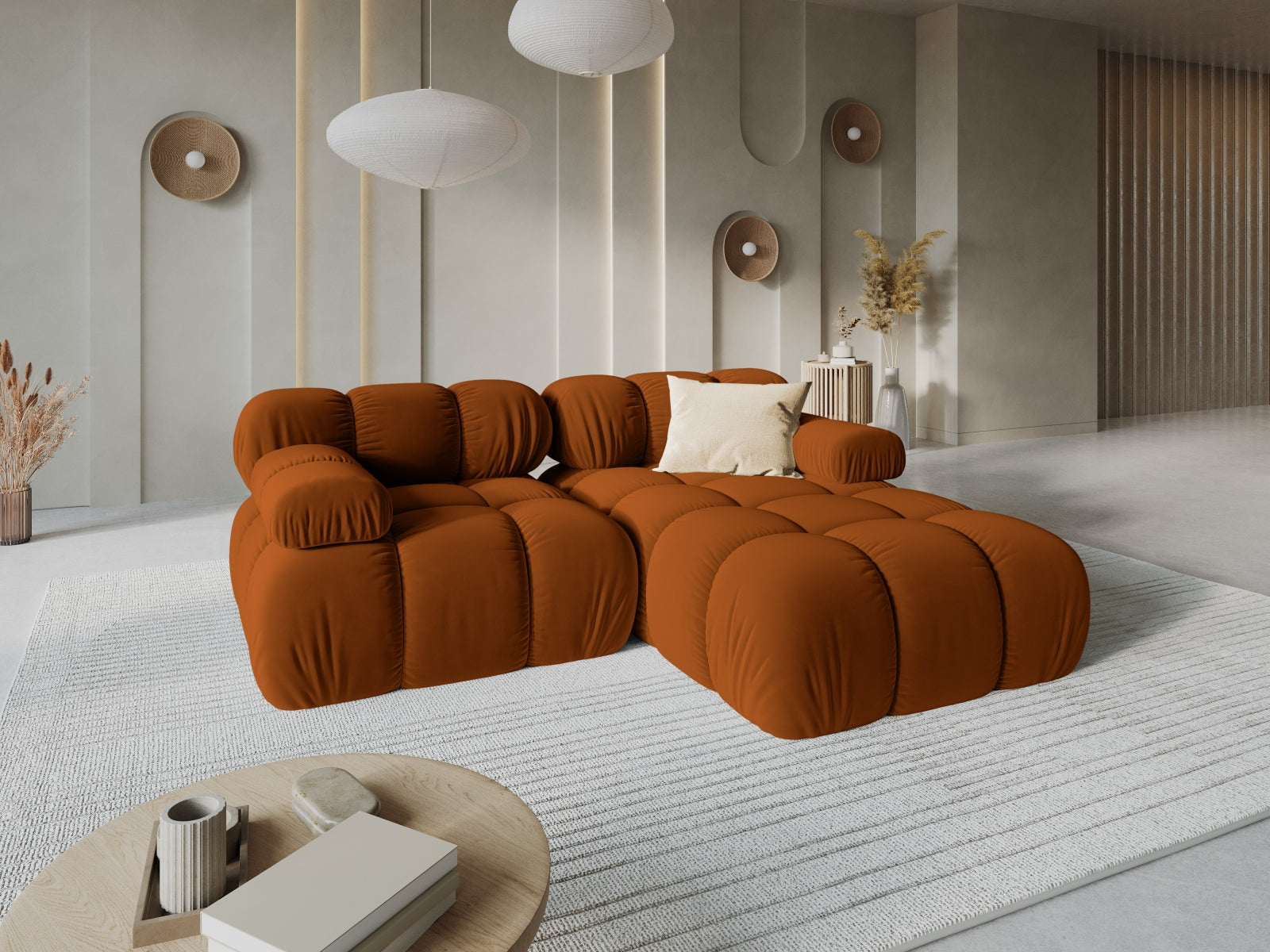Entdecken Sie das elegante Bellis Velour Ecksofa rechts 3-Sitzer von Micadoni. Luxuriöser Velourstoff, modulare Gestaltung und hoher Komfort für Ihr Zuhause.