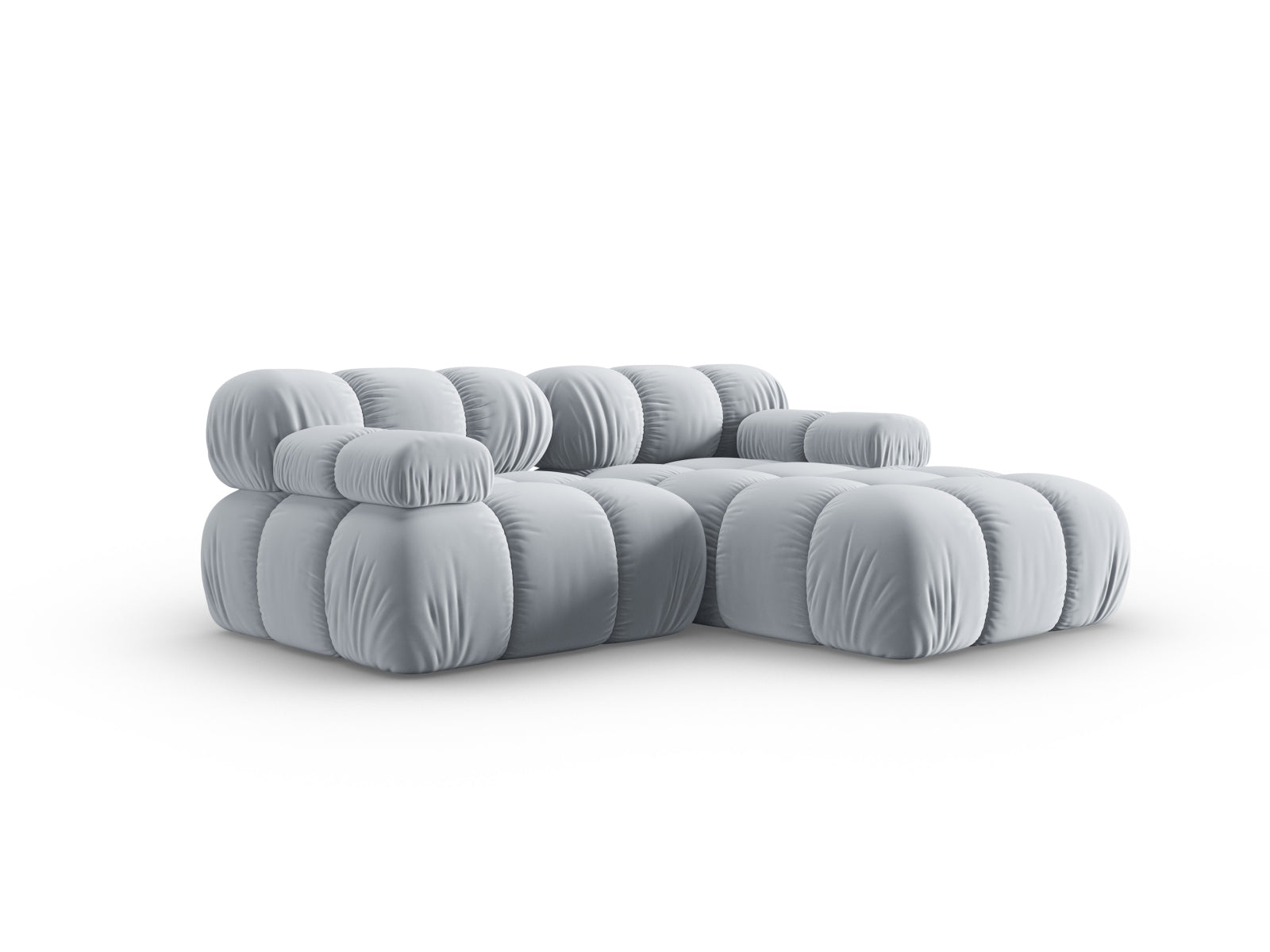 Modulares Ecksofa Bellis Velour in zartem Hellblau, 3-Sitzer mit rechter Ecke, perfekt für moderne und elegante Wohnkonzepte.