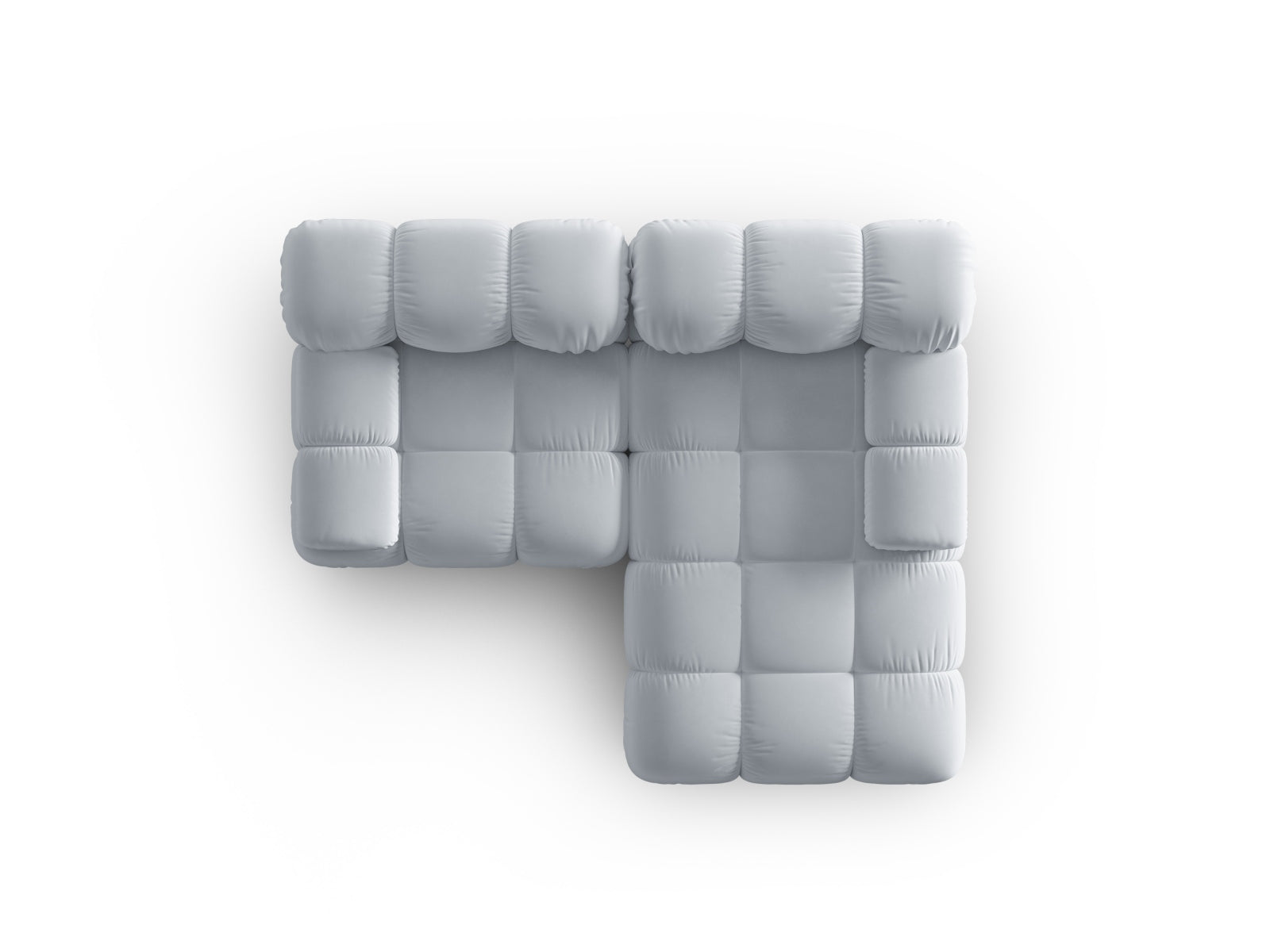 Elegantes modulares Ecksofa Bellis Velour in sanftem Hellblau, 3-Sitzer mit rechter Armlehne, ideal für stilvolle Wohnräume.