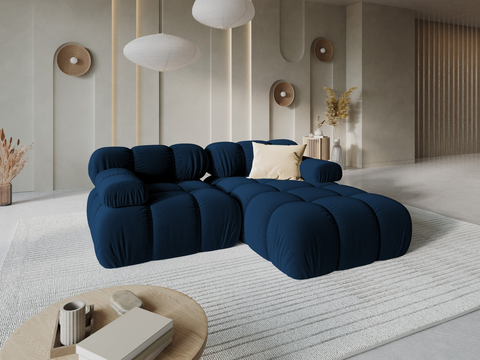 Entdecken Sie das elegante Bellis Velour Ecksofa rechts 3-Sitzer von Micadoni. Luxuriöser Velourstoff, modulare Gestaltung und hoher Komfort für Ihr Wohnzimmer.